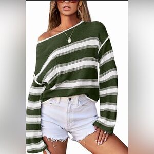 Off-the-Shoulder Green and White Striped Sweater